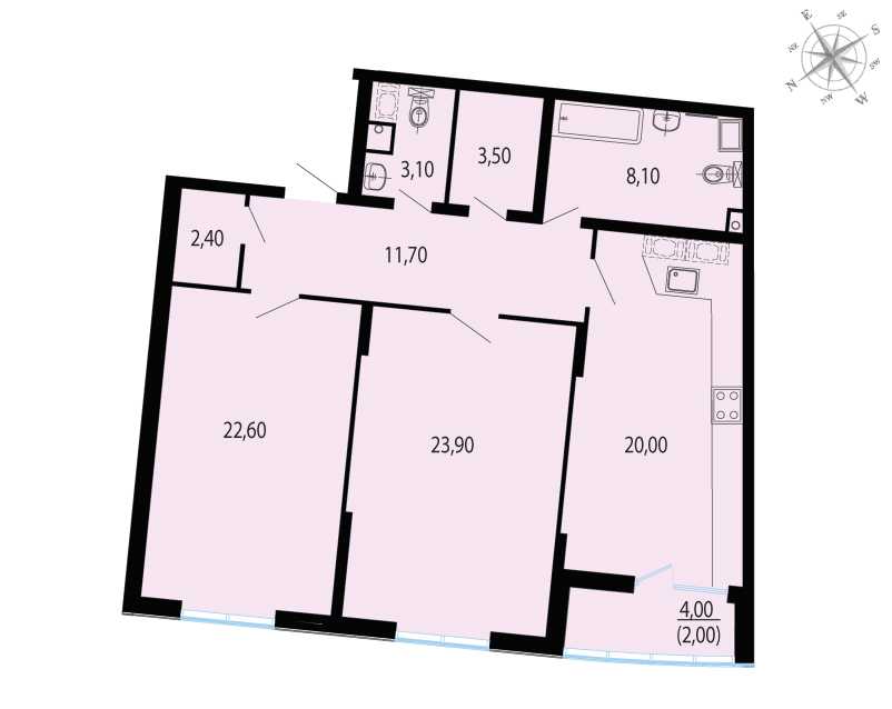 Двухкомнатная квартира в : площадь 97.3 м2 , этаж: 6 – купить в Санкт-Петербурге